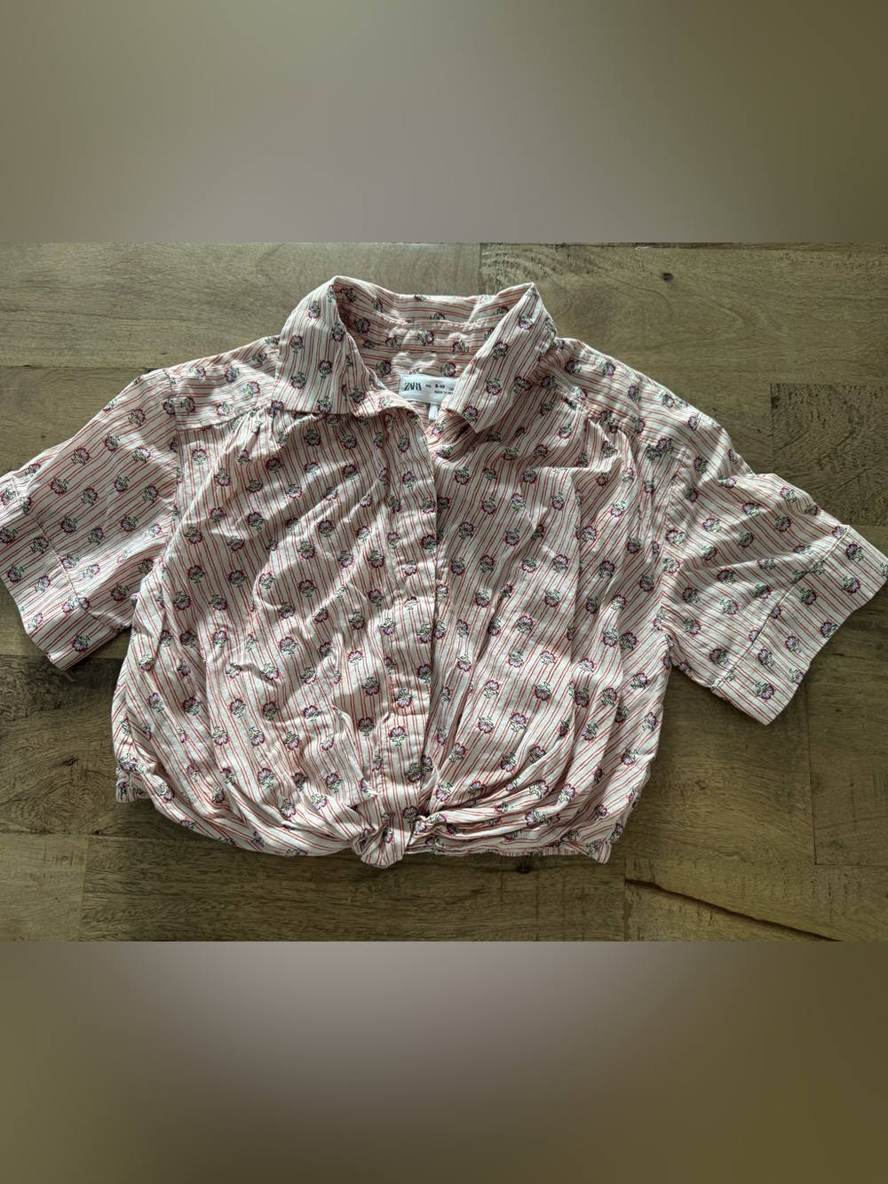 Zara Kids stripes floral vacation Graphic knot-Front Button Shirt  sz 9-10 years